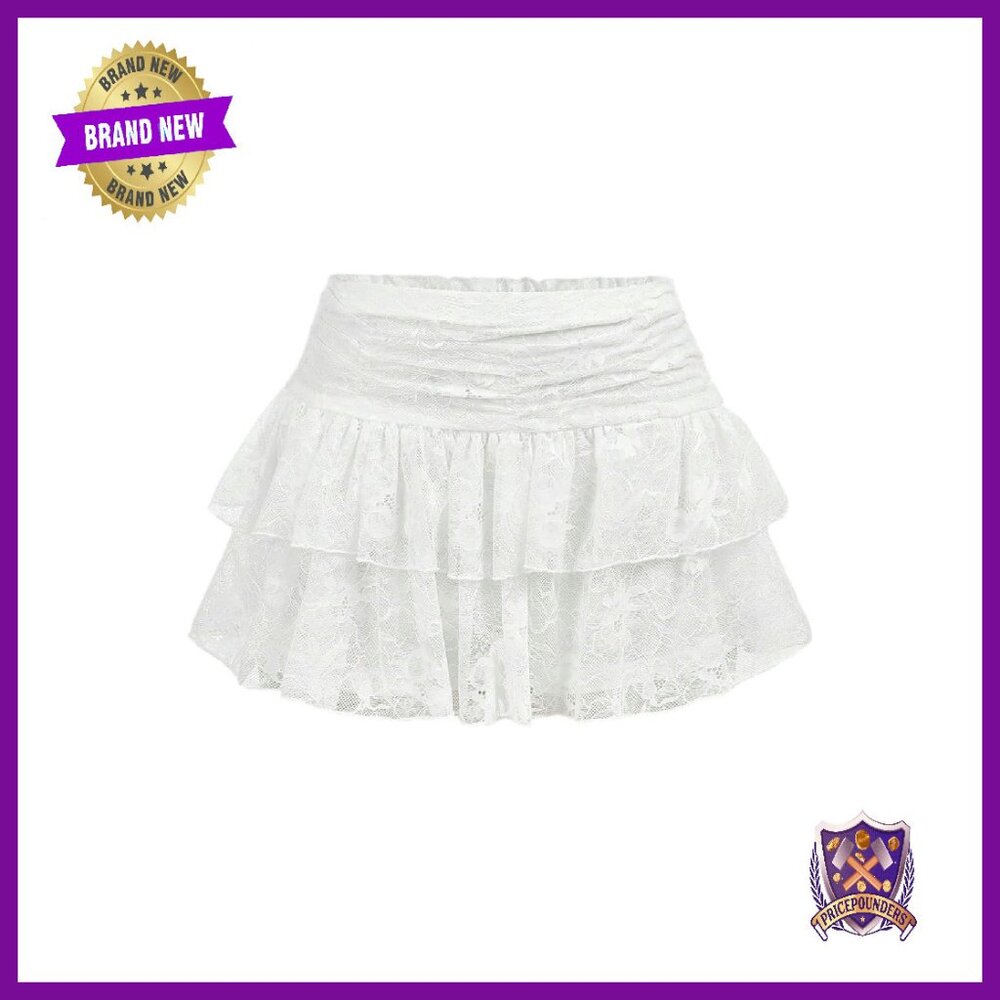 Girls Lace Mini Skirt Tiered Ruffle Flared Built-In Shorts